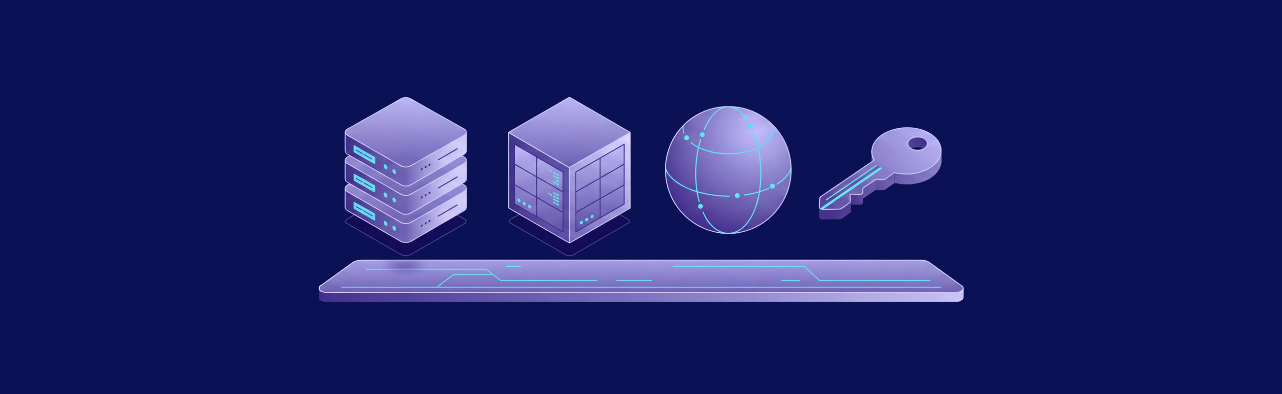 Isometric VPS, container package, globe, and access key illustrating container deployment infrastructure
