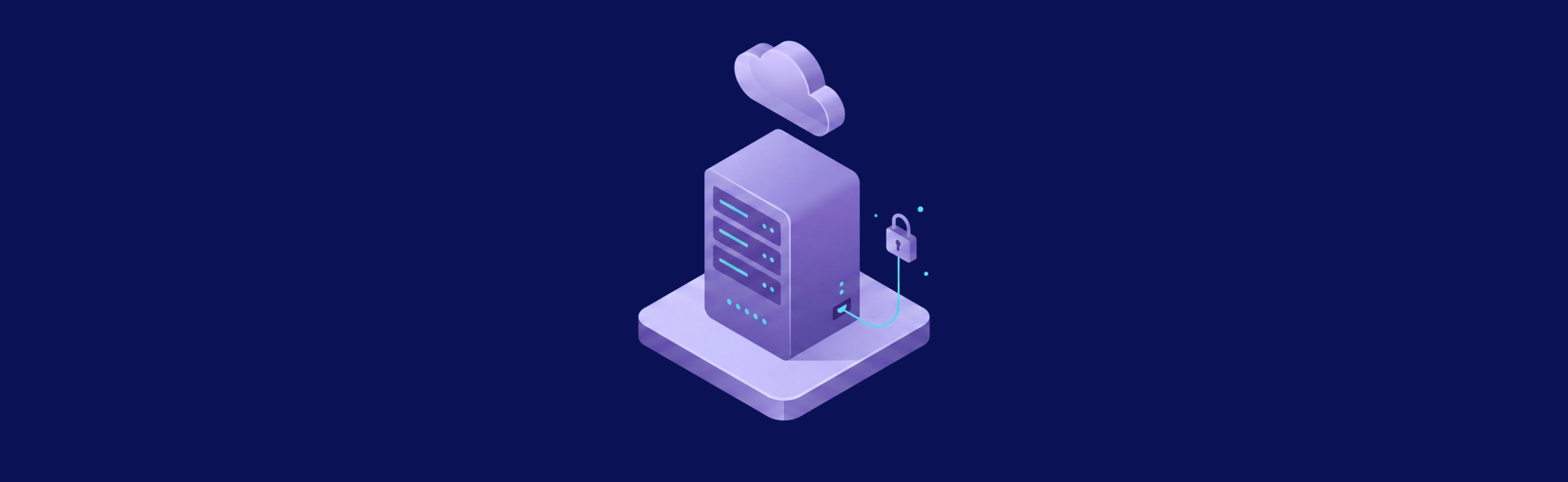 Isometric VPS server connected to a cloud service on a dark navy background