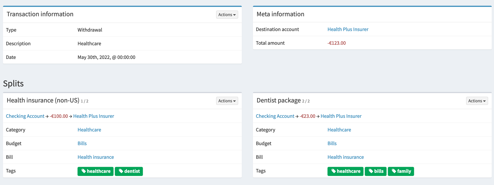 Official Firefly III example showing a split transaction, categories, budget and tags