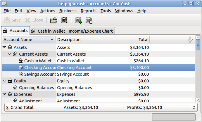 GnuCash official manual example showing the desktop account tree with assets, equity and expenses