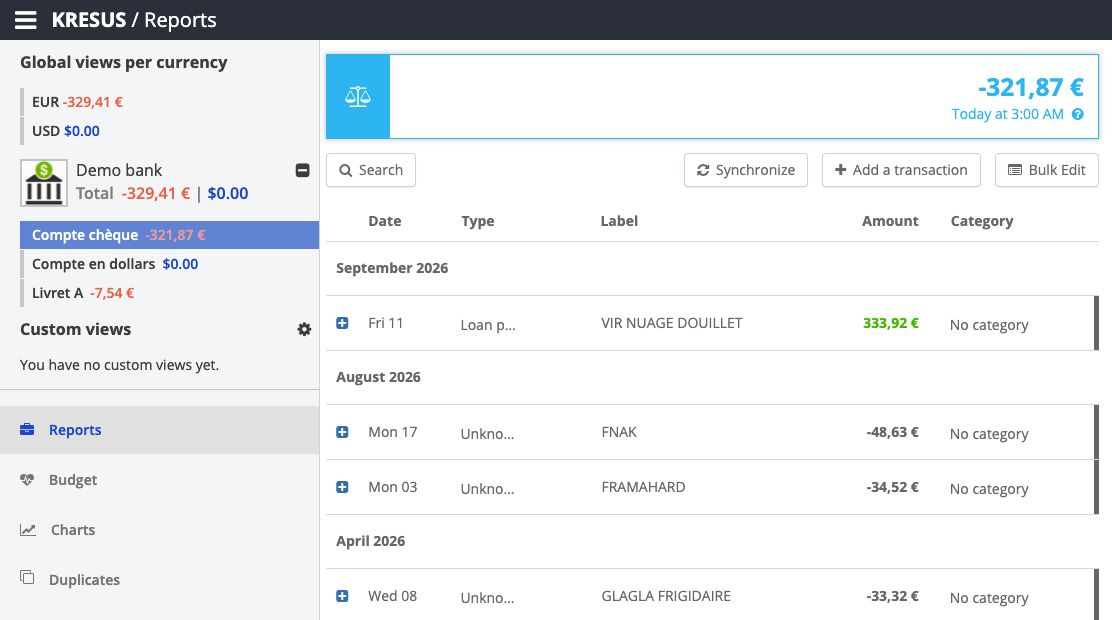 Kresus public demo in English showing account navigation and sample transaction reports