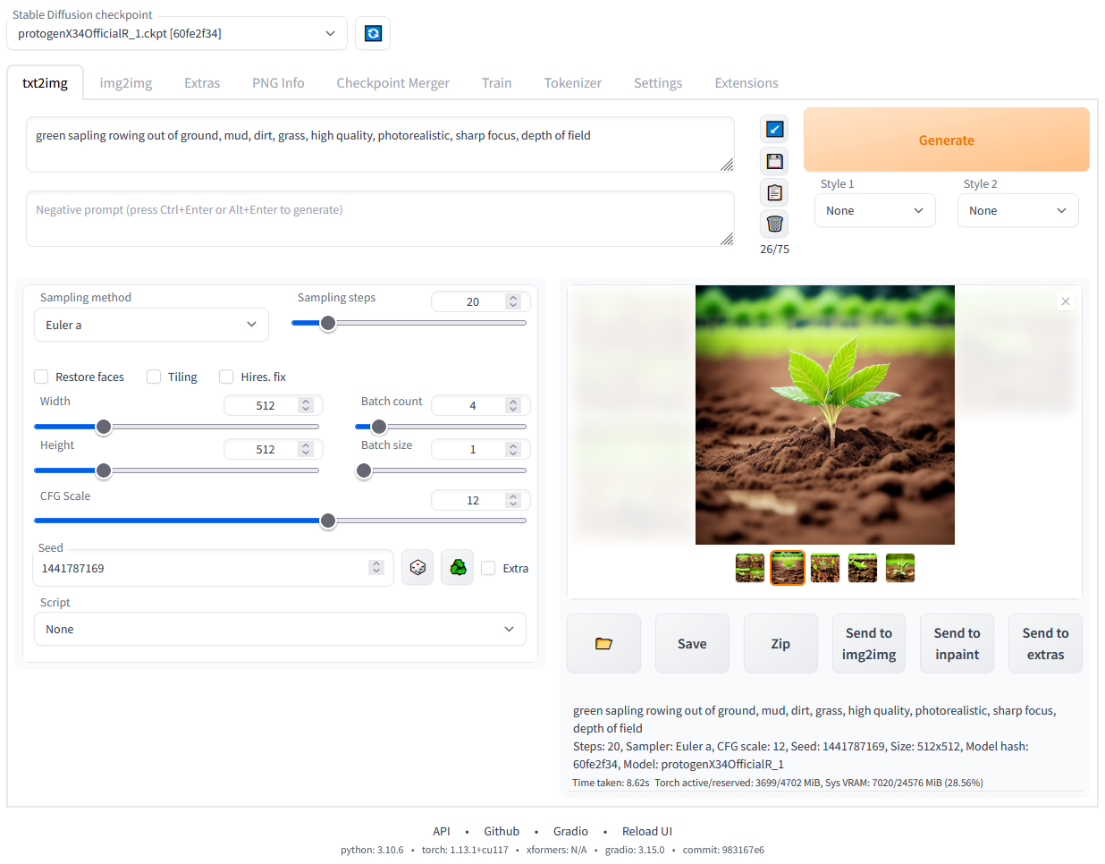 Official AUTOMATIC1111 repository screenshot showing prompt fields, generation settings and a sample seedling image