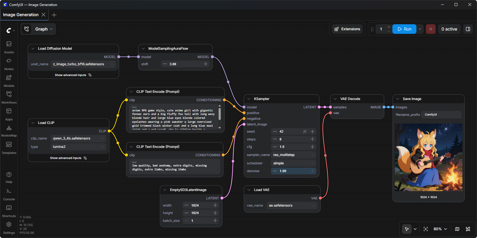 Official ComfyUI interface screenshot showing connected generation nodes and a sample illustrated output