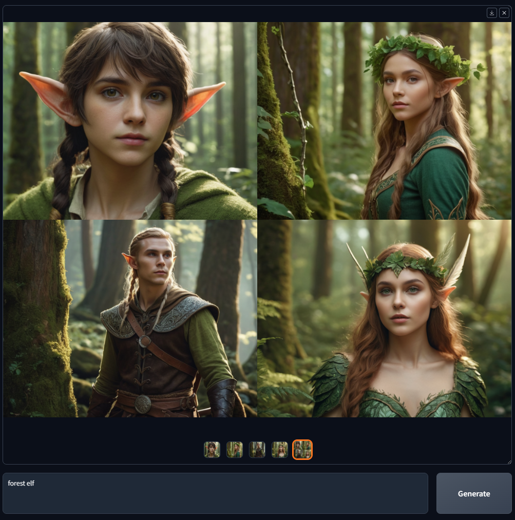 Official Fooocus screenshot showing the simplified prompt and Generate controls with sample forest-elf outputs