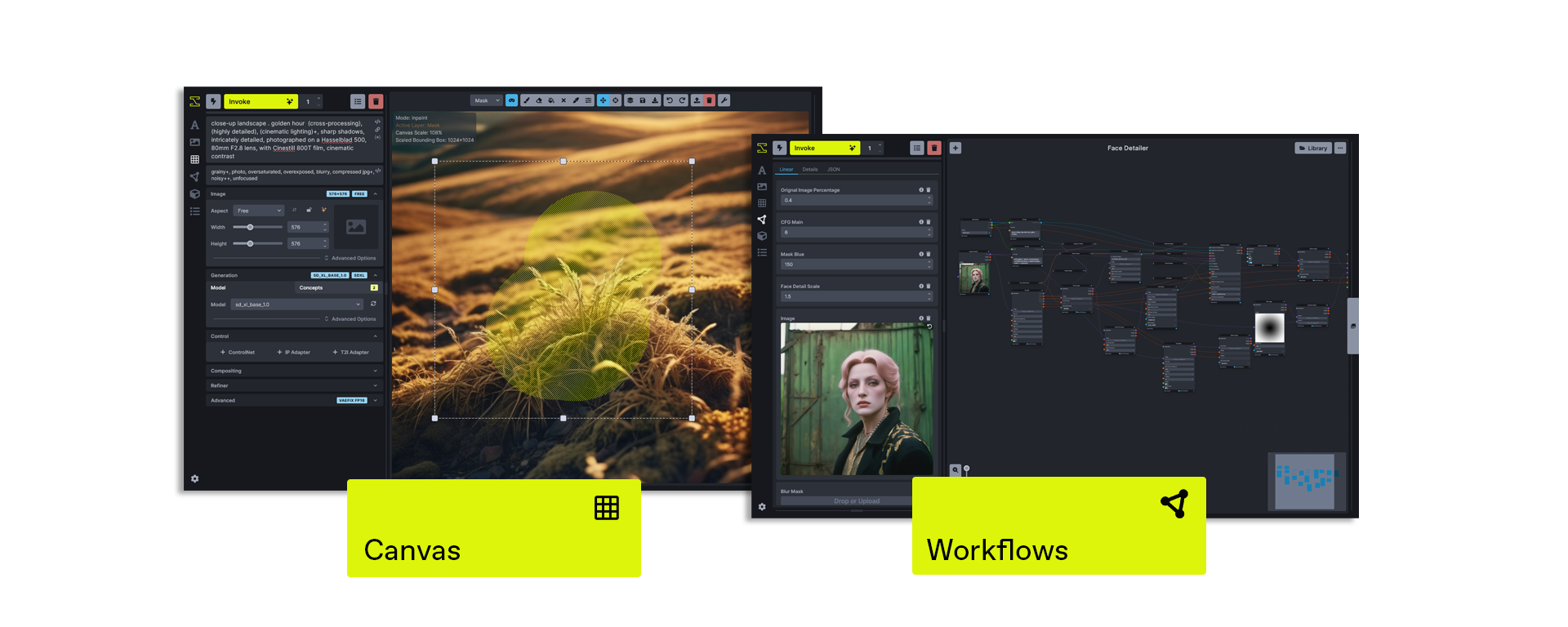 Official InvokeAI feature screenshot showing its Canvas editing tools and node workflow interface
