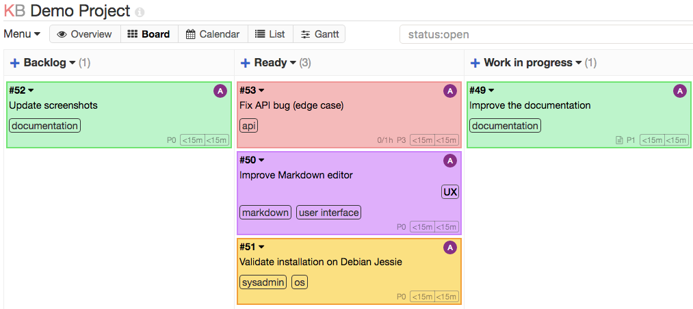 Official Kanboard Demo Project showing task columns, work-in-progress limits and sample cards
