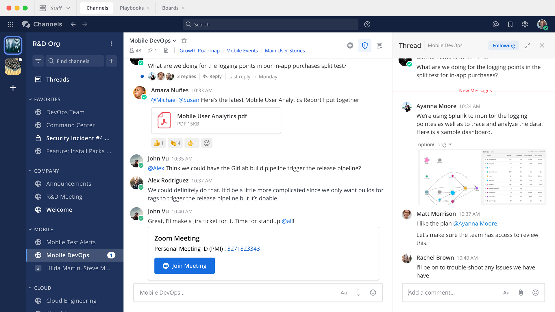 Official Mattermost sample interface showing a Mobile DevOps channel and a threaded discussion