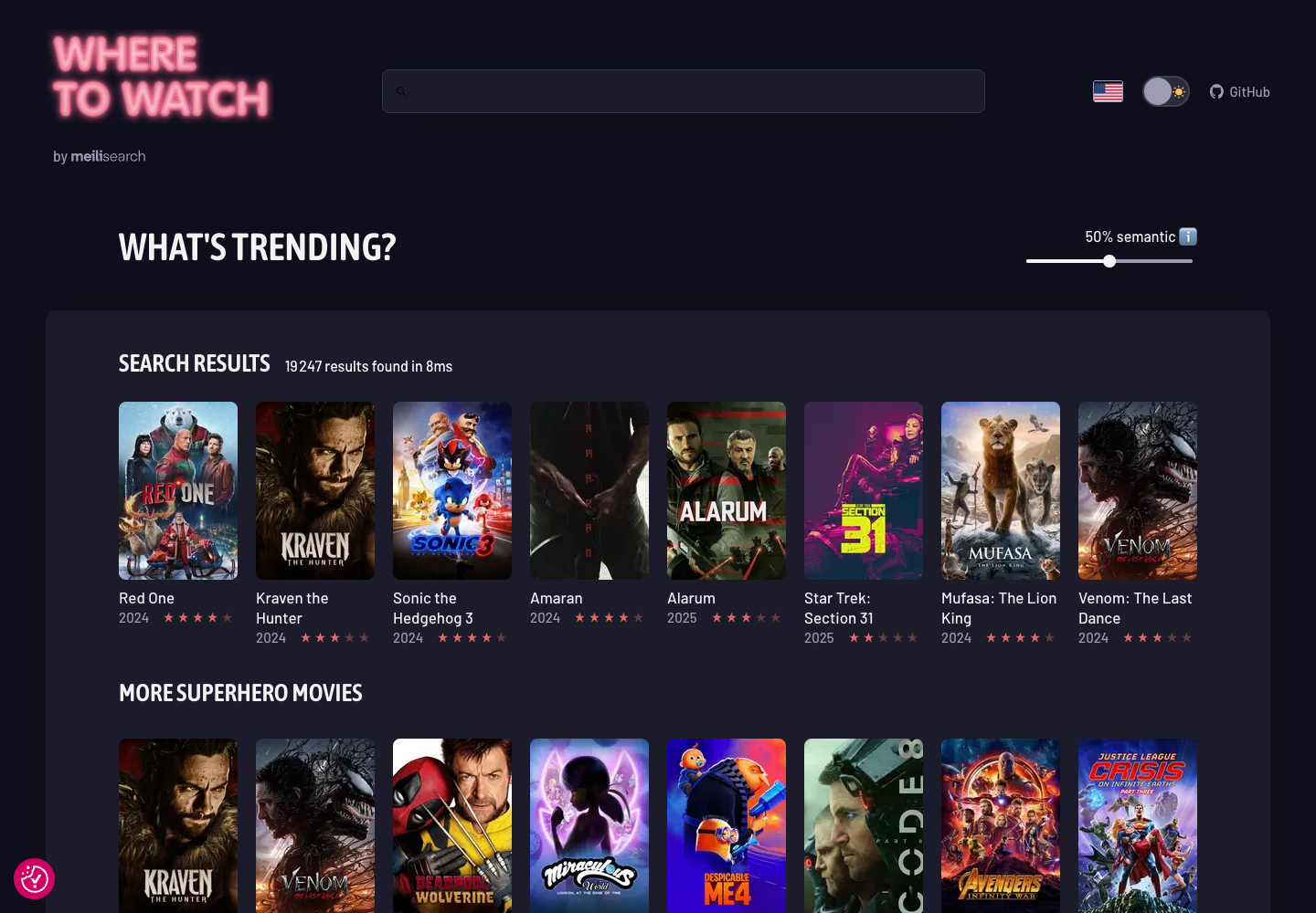 Official Meilisearch Where to Watch demo with movie search and a full-text to semantic search control