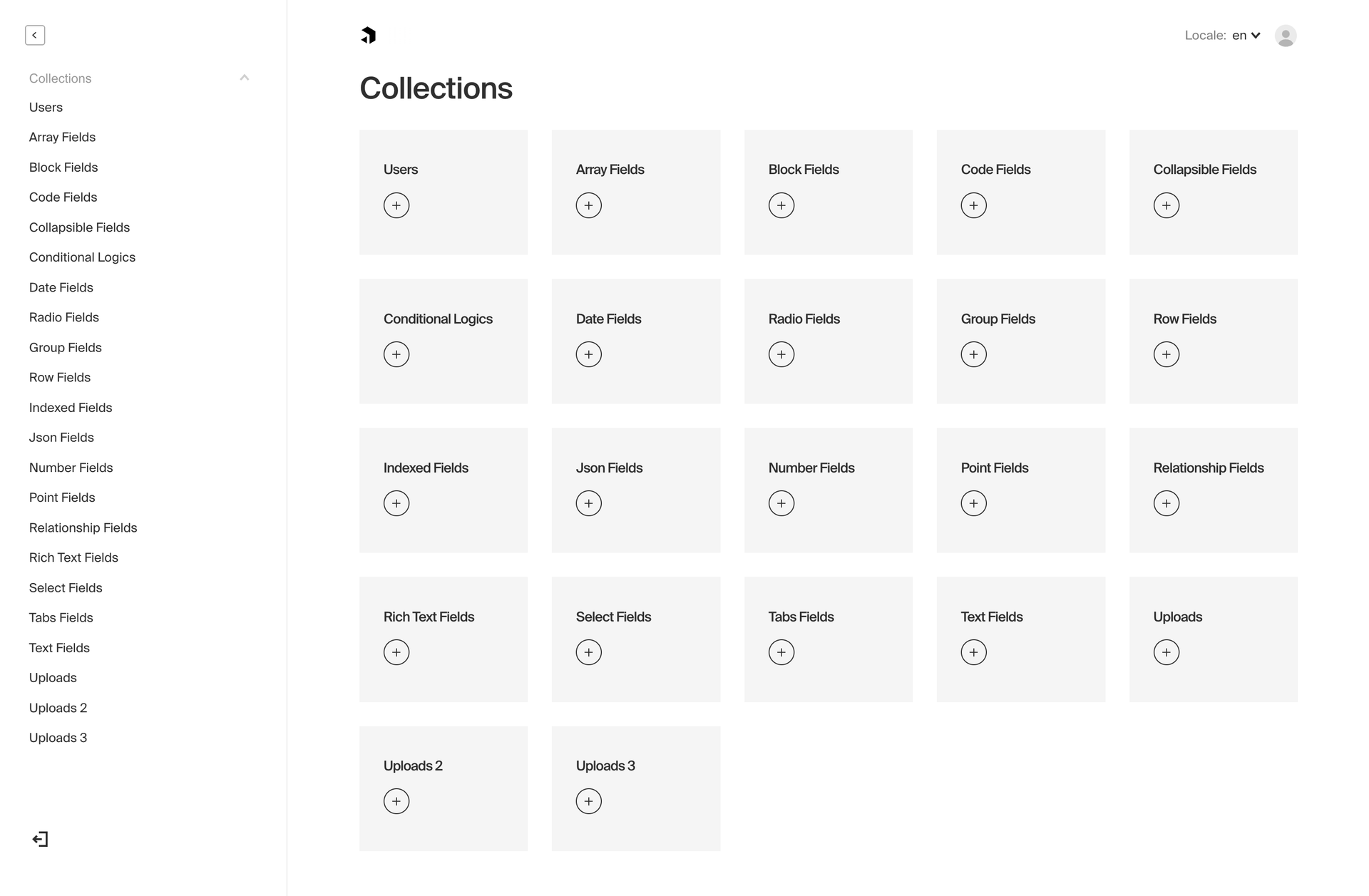 Official Payload documentation admin panel showing a sample collections dashboard and collapsible sidebar