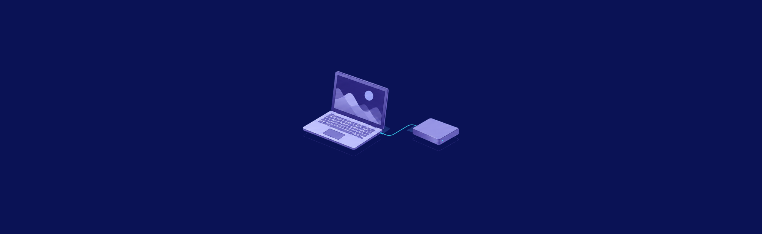Isometric laptop displaying abstract artwork beside a connected local storage device