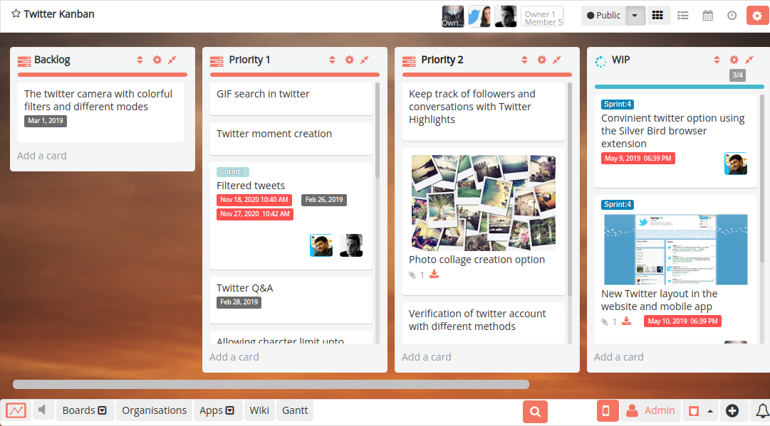 Historical official Restyaboard screenshot showing a Twitter Kanban sample board with four columns