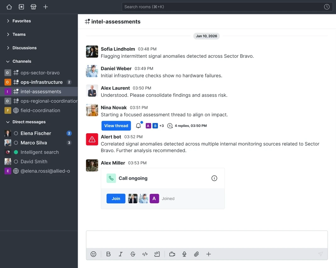 Official Rocket.Chat sample channel showing messages, a focused thread and a call card