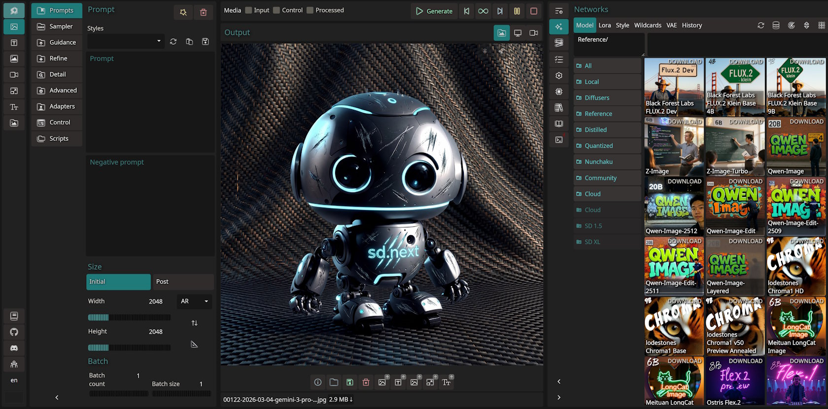 Official SD.Next desktop screenshot showing prompt controls, sample output and the model browser
