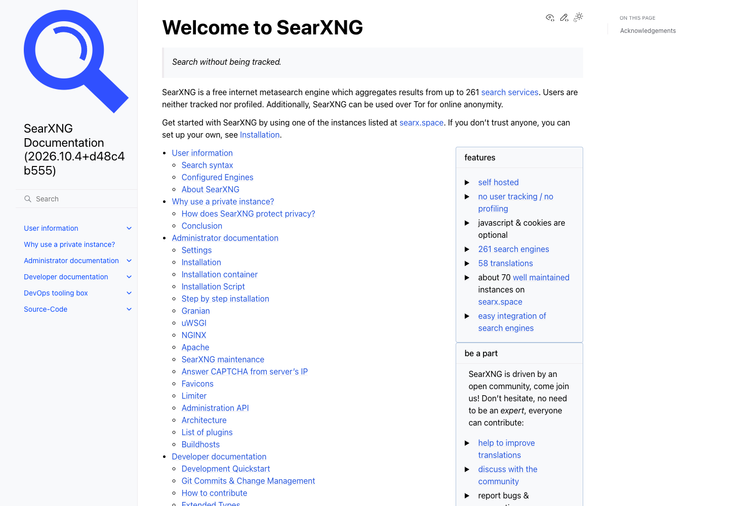 Official SearXNG English documentation homepage with links to installation, configuration and privacy guidance