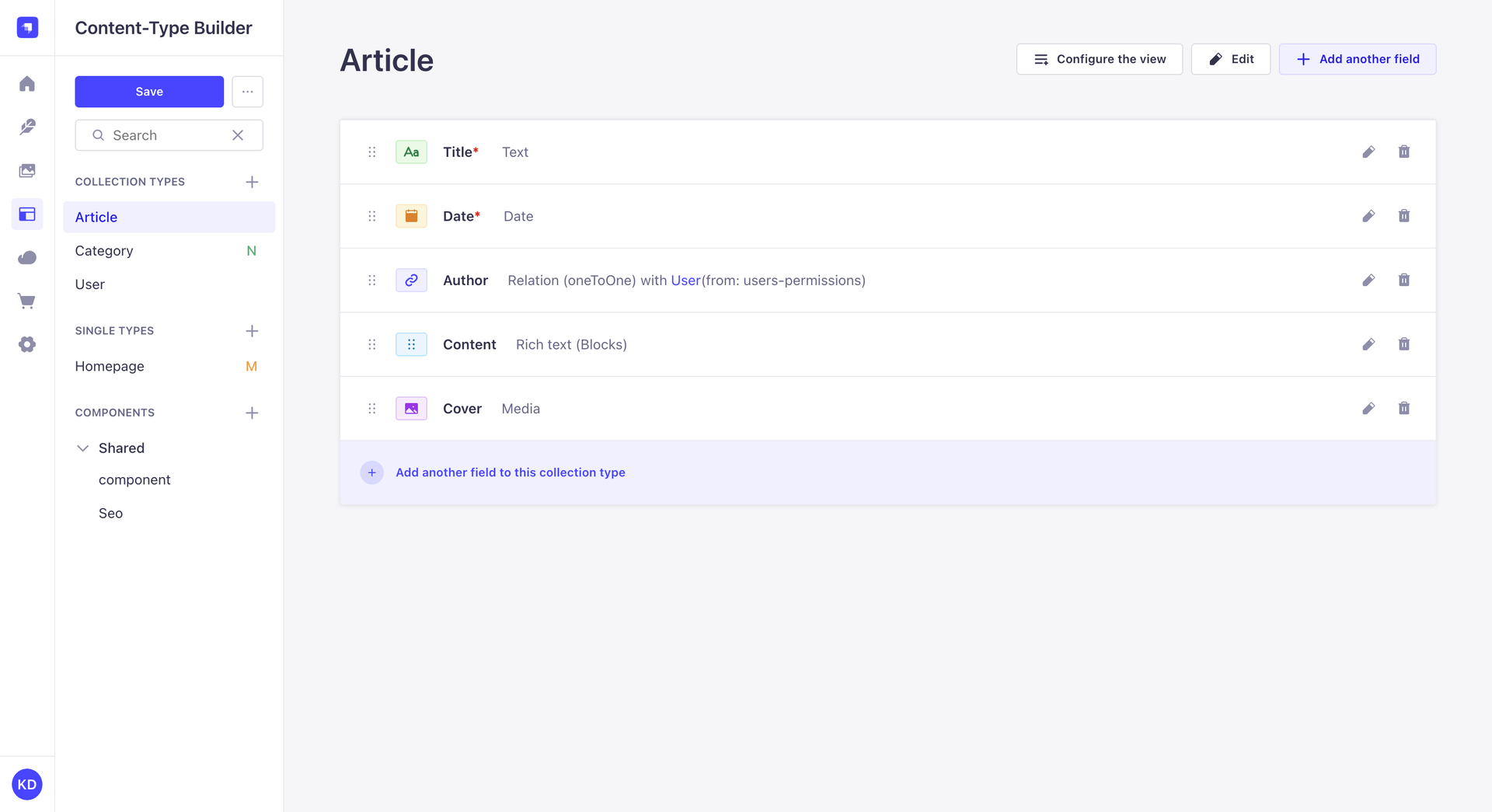 Official Strapi Content-Type Builder showing an Article model with title, date, author, content and cover fields
