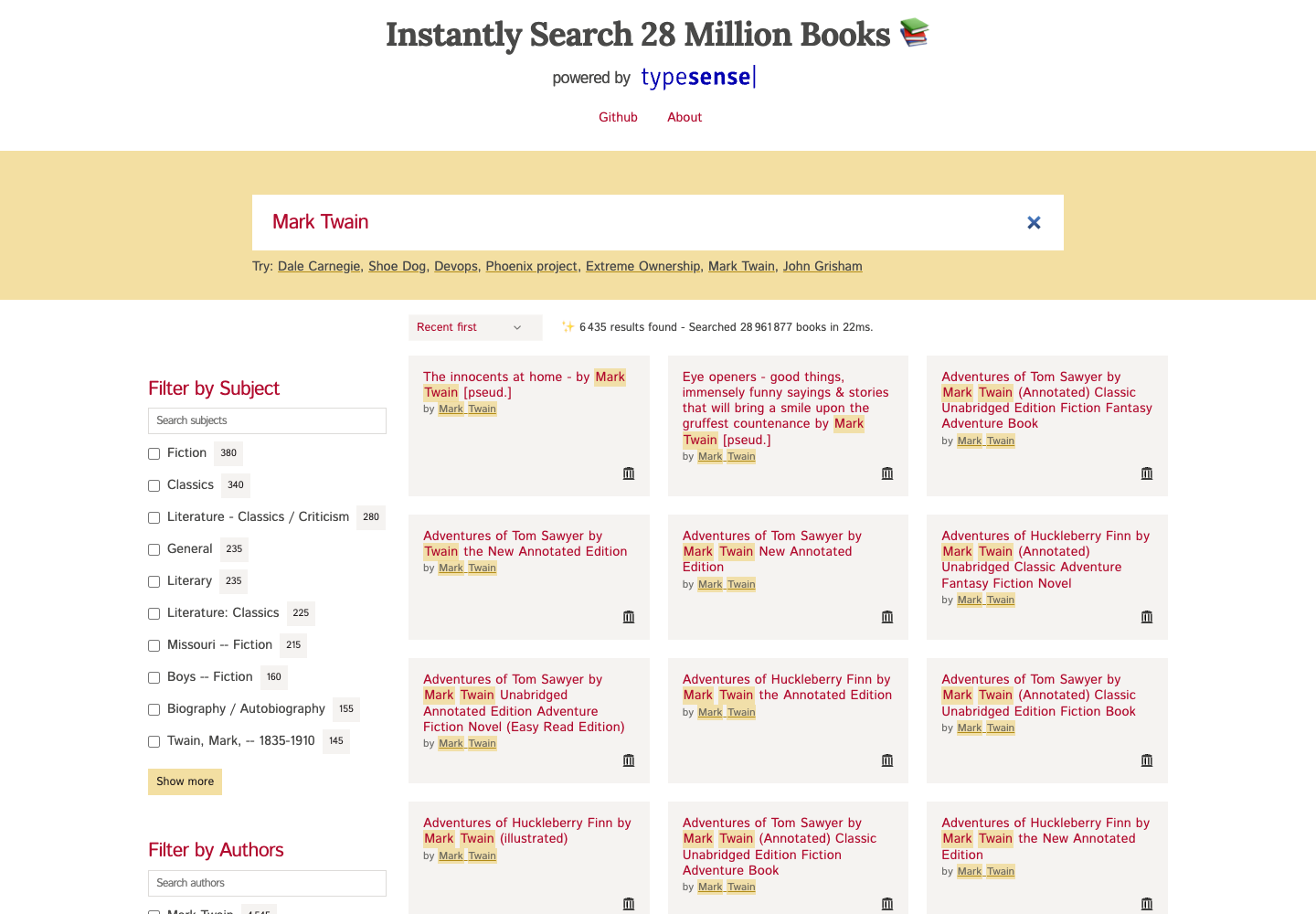 Official Typesense book-search demo showing Mark Twain results, subject filters and sorting