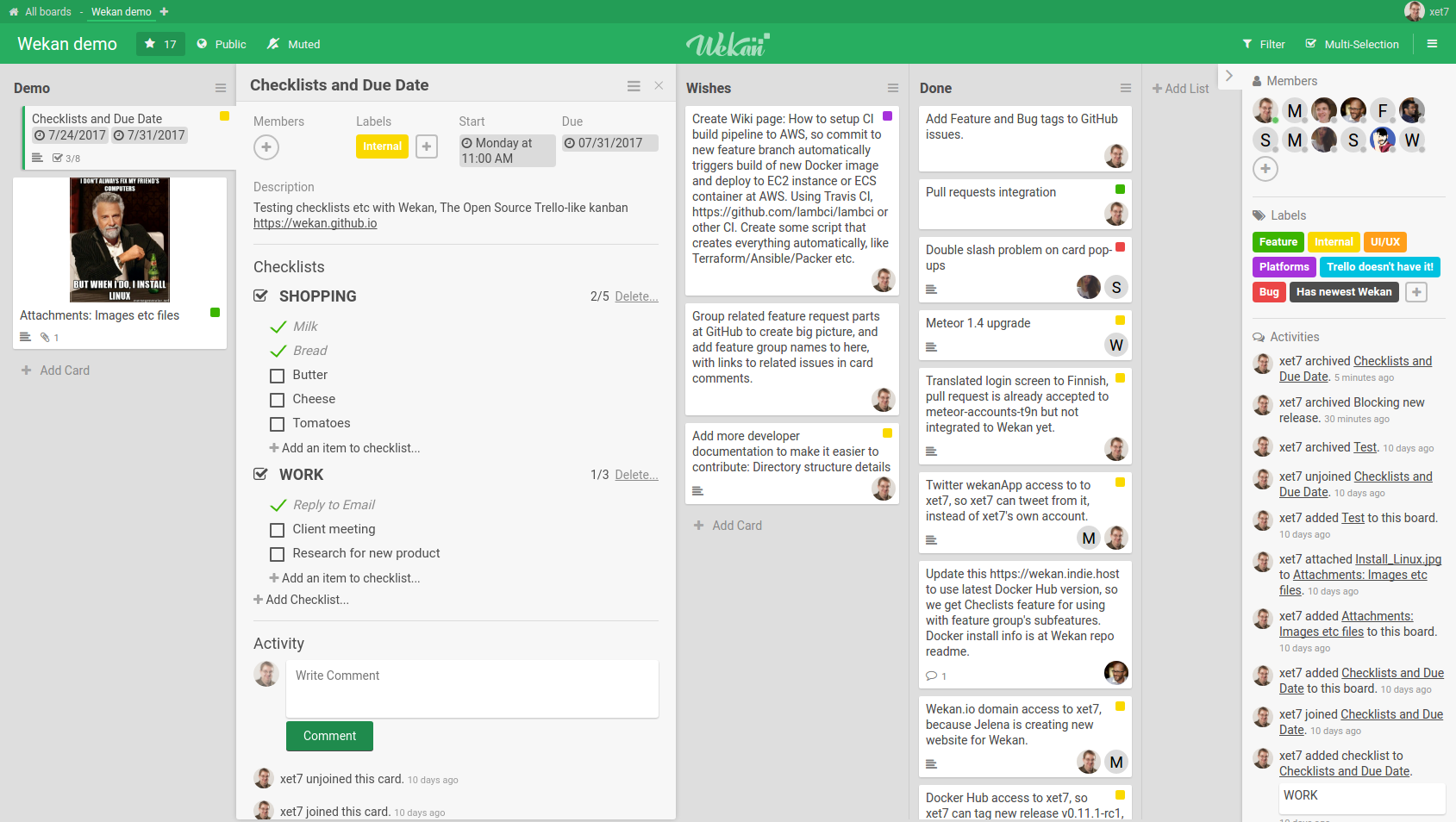 Historical official Wekan demo showing a Kanban board and an open checklist card with sample tasks