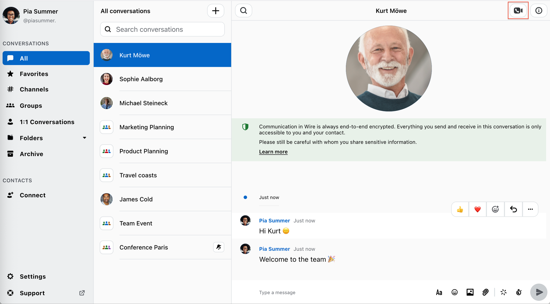 Official Wire desktop tutorial showing a sample direct conversation, encryption notice and call control