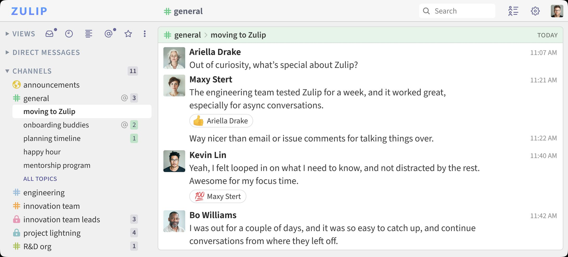 Official Zulip sample interface showing the general channel and the moving to Zulip topic