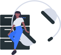Person leaning against servers with a large headset hovering nearby, symbolizing tech support or customer service.